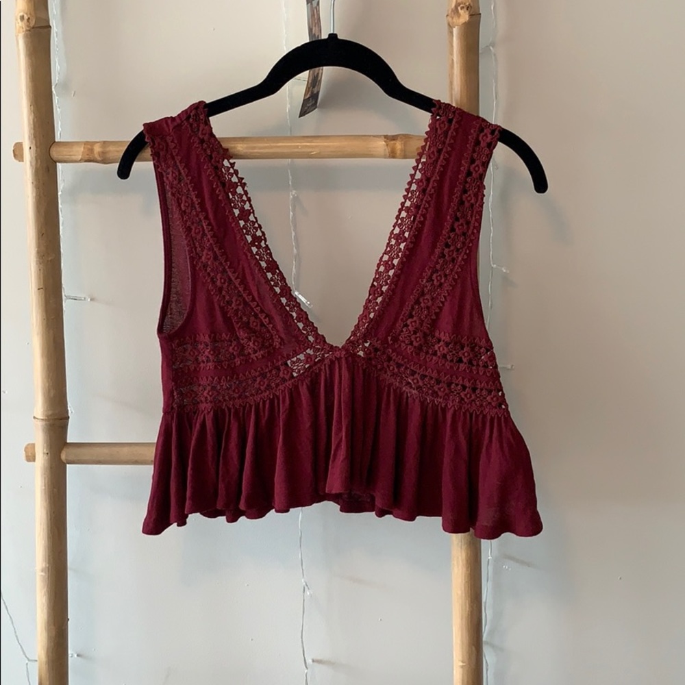 red (maroon) crop top with floral trimming